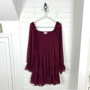 Altar'd State Burgundy Red Tiered Ruffle Shimmer Midi Dress